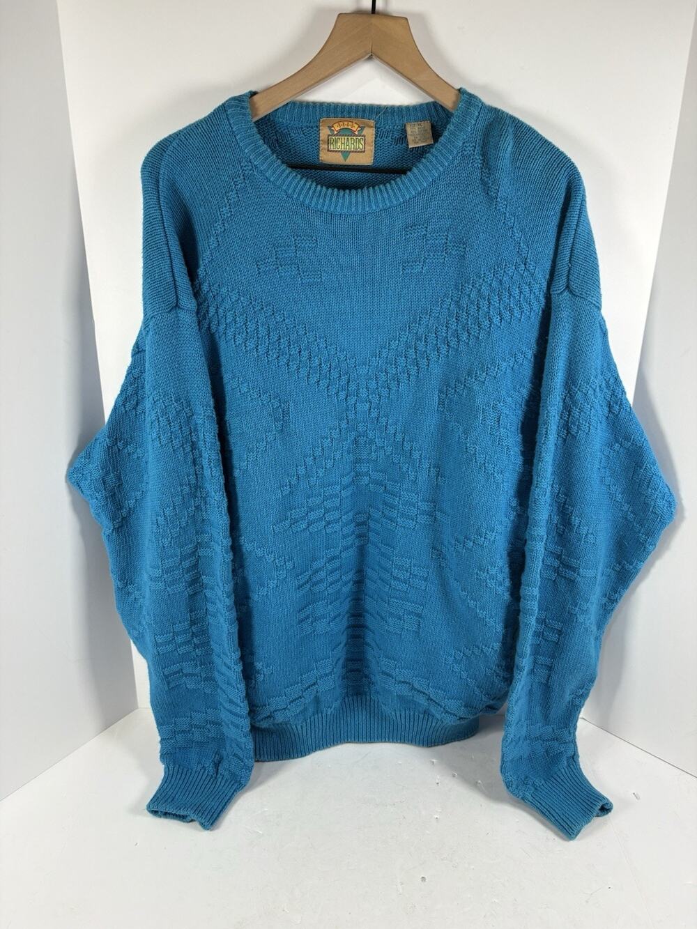Vintage Richards Ramie Cotton Sweater XL Teal Southwestern Textured Knit